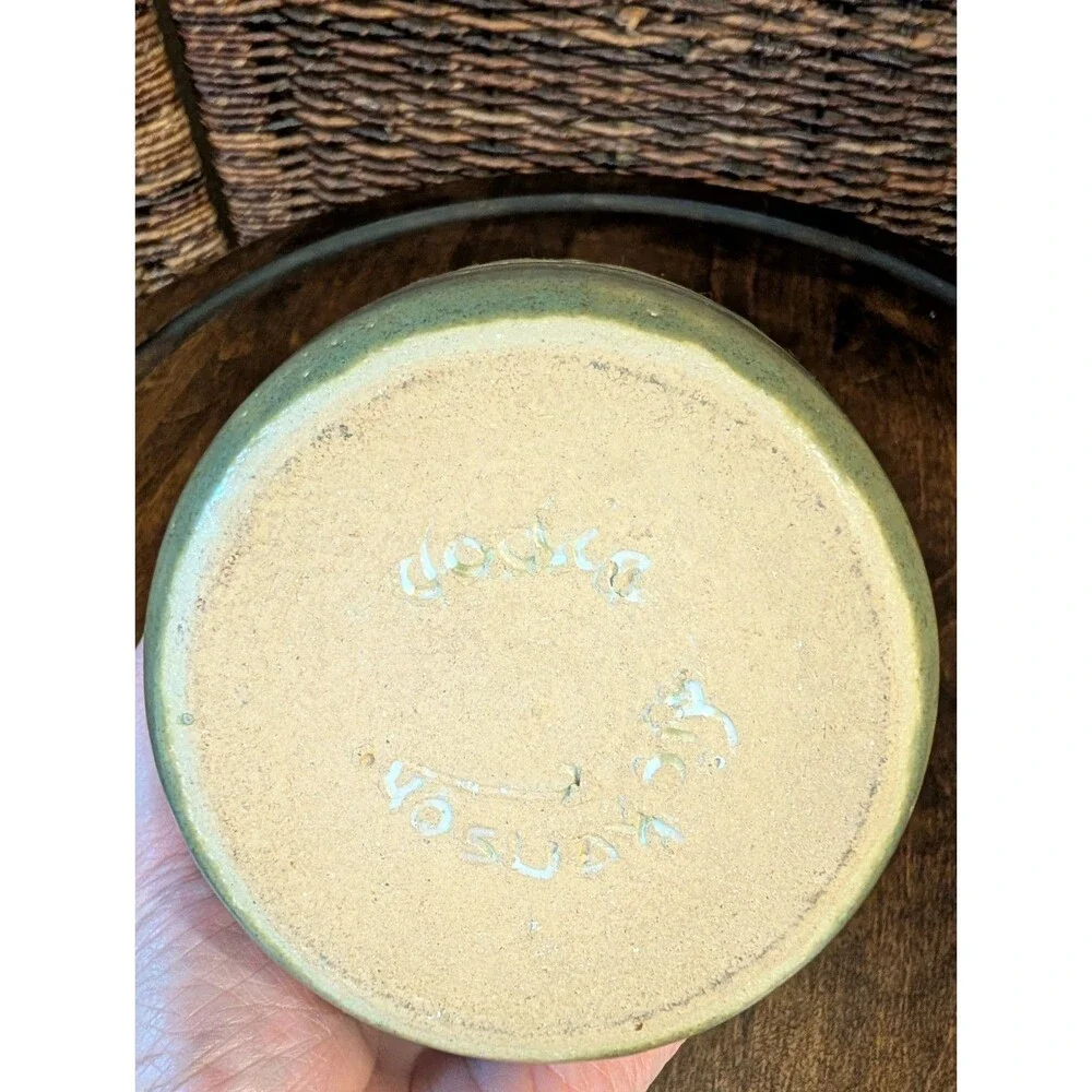 Art Pottery Vase Artist Signed Glaze over Clay Green Aztec Boho Southwestern